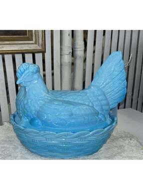 Blue Slag Glass Hen On Nest
